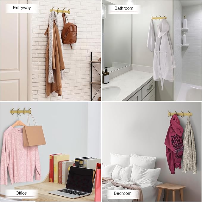 Brushed Gold Wall Mounted Coat Rack – 12 Inch Stainless Steel Rail with 4 Double Coat Hooks for Entryway, Bathroom, Bedroom, 