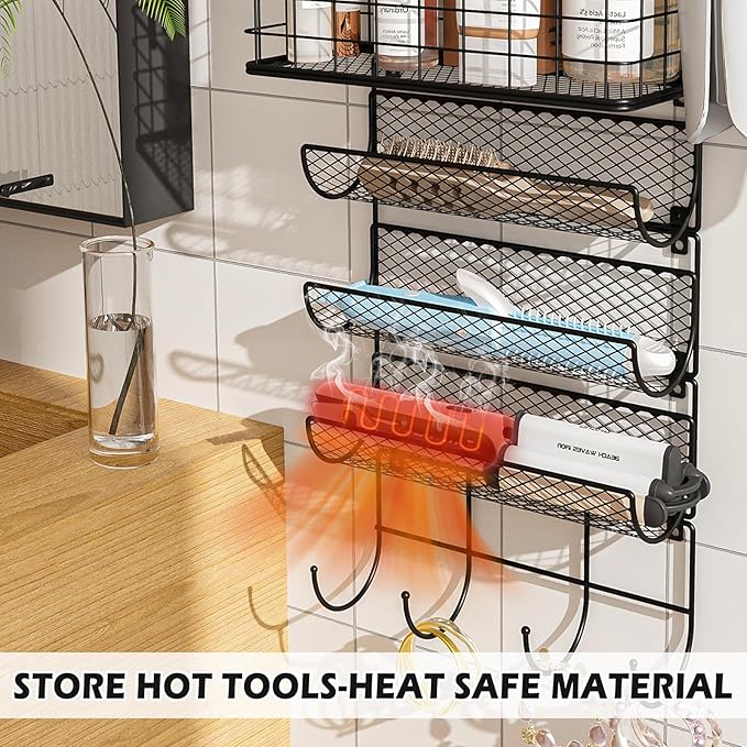 Wall-Mounted Hair Dryer Holder Styling Tool Organizer 4-Shelf Storage Wire Basket with Hook Heat Safe Rack for Hair-Straighte