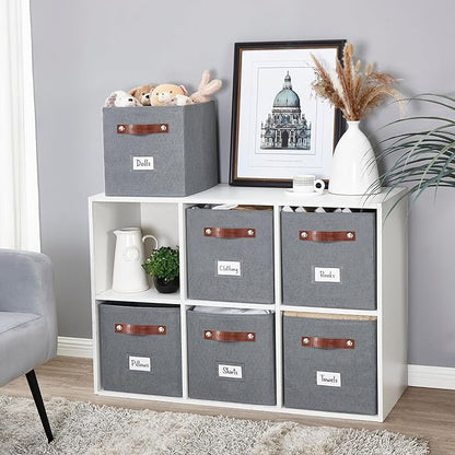 DECOMOMO Storage Bins, Cube Storage Bin with Labels, Fabric Storage Cubes for Shelves (11" / 6pcs, Texture Grey)