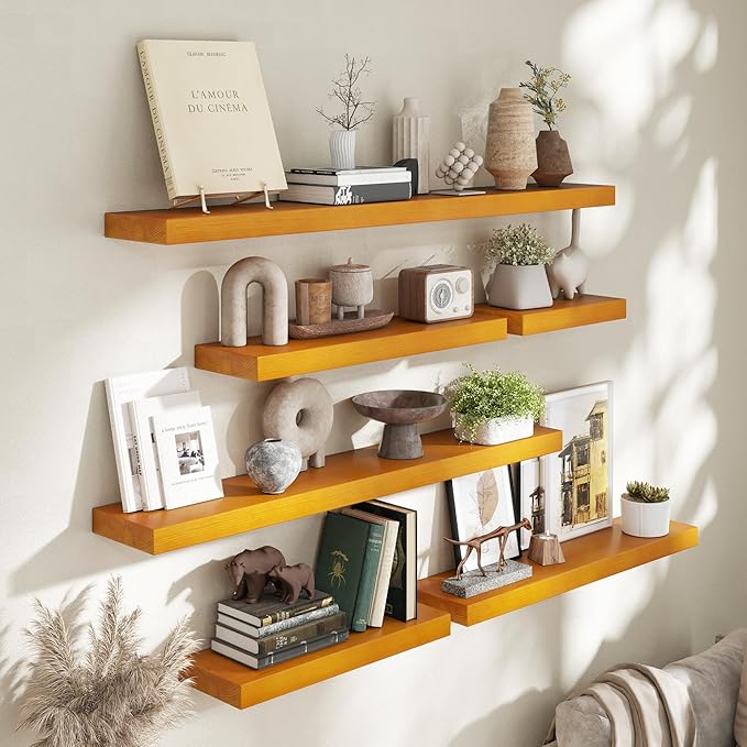 Marsmiles 24 Inch Wood Floating Shelves | Rustic Honey Oak Wall Shelves Set of 2 | 24" W x 7.7" D x 1.6" H Wooden Shelves for