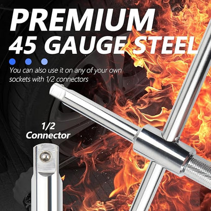 Extended Lug Nut Removal Tool Kit with 4 Way Lug Wrench,23" Telescopic Tire Iron Lug Wrench with 2 Standard Sockets(17,19,21,