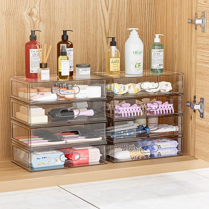 2 Pack Clear Makeup Storage Drawer, 12''W Stackable Bathroom Organizers and Storage Drawer, Acrylic Cosmetic Display Case For
