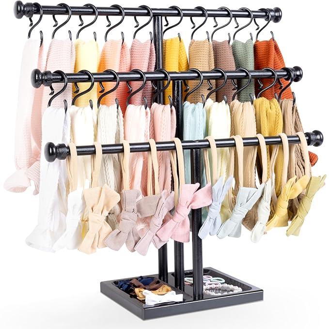 POVETIRE Headband Holder Stand Storage for Baby, 3 Tier Wooden Bow Organizer for Girls Hair Bows, Infant Hair Accessories Rac