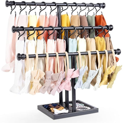 POVETIRE Headband Holder Stand Storage for Baby, 3 Tier Wooden Bow Organizer for Girls Hair Bows, Infant Hair Accessories Rac