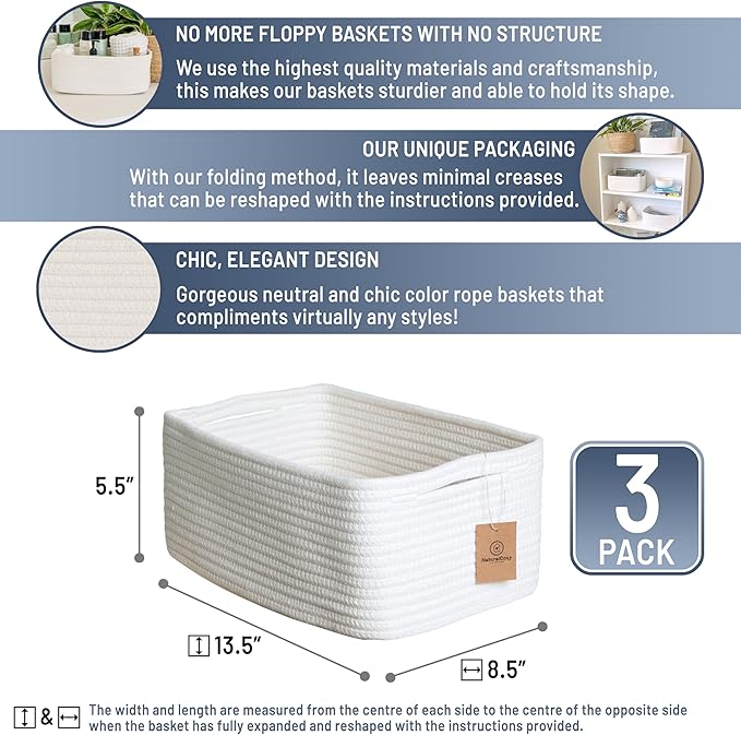 NaturalCozy 13.5”x8.5”x5.5” Storage Baskets for Shelves 3 Pack | Cotton Rope Woven Small Baskets for Organizing | Small Stora