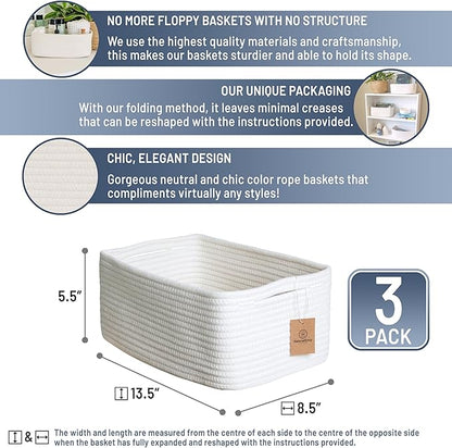 NaturalCozy 13.5”x8.5”x5.5” Storage Baskets for Shelves 3 Pack | Cotton Rope Woven Small Baskets for Organizing | Small Stora