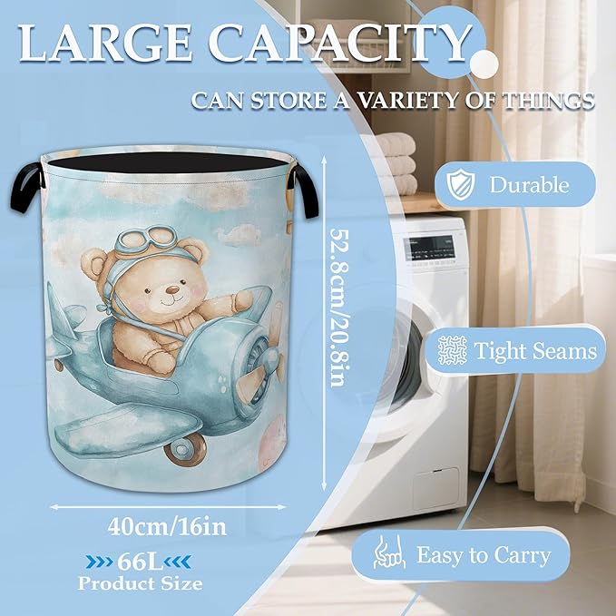 Blue Bear Pilot Laundry Hamper Balloon Collapsible Laundry Basket Portable Clothes Toy Storage Bin for Bathroom Bedroom Room 
