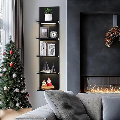 5 Tier Wall Shelf Unit, Black Shelves,Lack Shelf, Wall Shelves for Bedroom，Office,Bathroom, Vanity Shelves with LED Remote Co
