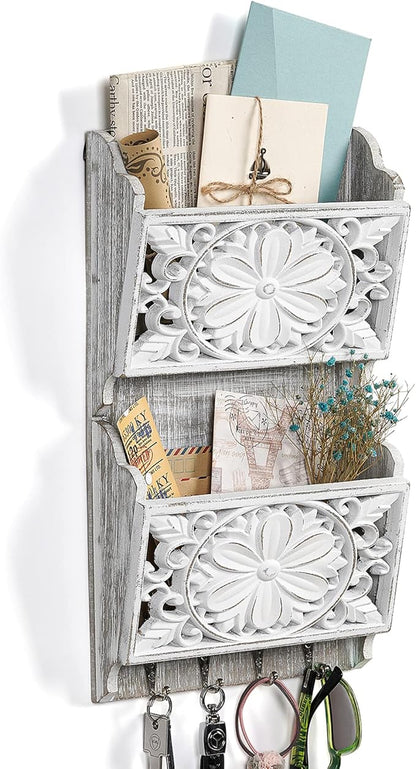 2-Slot Mail Organizer Wall Mount with 4 Hooks, Rustic Key and Mail Holder for Home Decorative, Wooden Key Hangers Wall File O