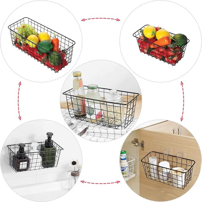 6 Pack Wire Storage Baskets Household Metal Wall-Mounted Containers Organizer Bins for Kitchen Bathroom Freezer Pantry Closet