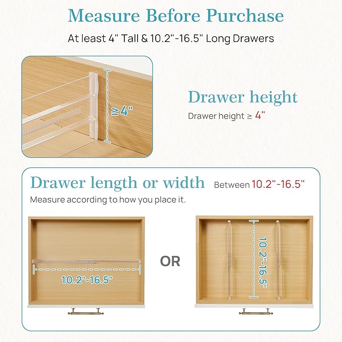 Vtopmart 8 Pack Drawer Dividers for Clothes, 4" High 10.2"-16.5" Adjustable Expandable Dresser Drawer Organizer, Clear Plasti