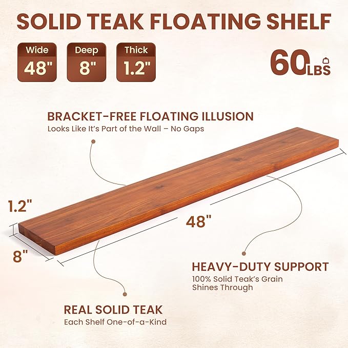 48 Inch Solid Wood Floating Shelf - 100% Solid Teak Wood Wall Shelf with Invisible Brackets - Waterproof Natural Wood Shelves