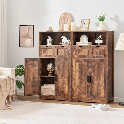 Iwell Storage Cabinet with 2 Drawers & Adjustable Shelves, Cupboard, Floor Cabinet for Living Room, Home Office, Rustic Brown