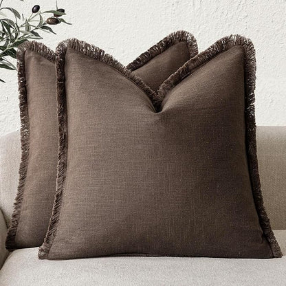 Foindtower Set of 2 Decorative Linen Fringe Throw Pillow Covers Boho Farmhouse Cushion Cover with Tassels Soft Accent Pillowc