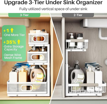 Kitstorack Under Sink Organizer, 2-Pack 3-Tier Height Adjustable Thickened Metal Pull out Cabinet Organizer Shelf, Slide out 
