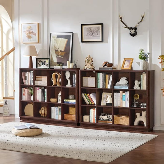 Joaxswe 12 Cube Storage Organizer, 41" Large Bookshelf with Curved Edge, Wood Floor Standing 3-Tier Cubby Bookcase w/Base, Vi