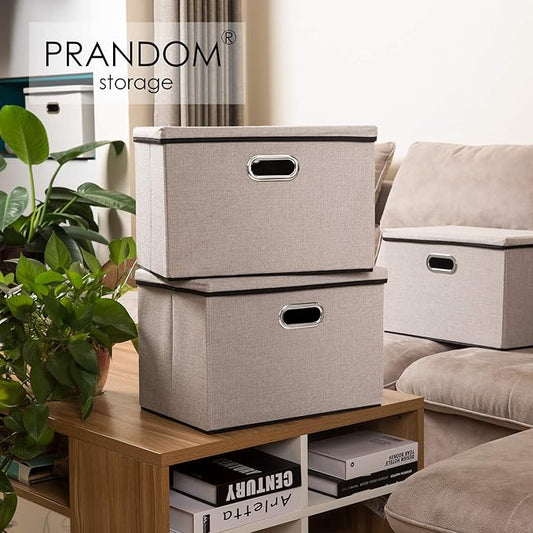 PRANDOM Large Foldable Storage Bin with Lid [1-Pack] Linen Fabric Decorative Storage Box Organizer Container Basket Cube with