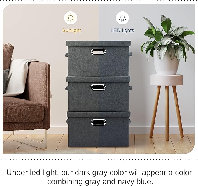 Graciadeco Medium 15" 21 Quart Collapsible Stackable Storage Bins with Lids, 3 Packs Dark Grey Foldable Fabric Closet Boxes H