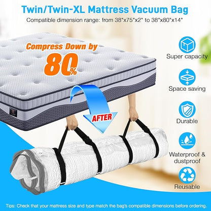 Mattress Vacuum Bag Twin/Twin XL Space Saver Mattress Vacuum Seal Bag with Straps for Moving Double Zip Seal Reusable Mattres