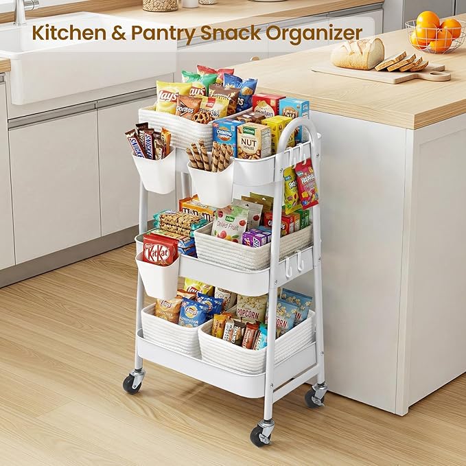 3-Tier Rolling Utility Cart with 4 Woven Baskets, Diaper Book Snack Cart, Storage Organizer for Nursery, Kitchen, Craft Room,