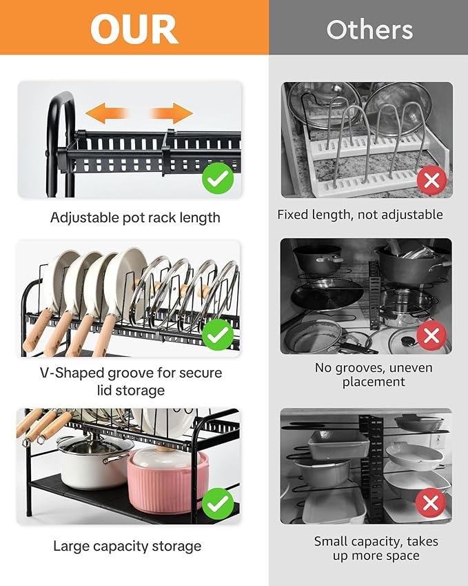 HULISEN Pots and Pans Organizer Under Cabinet, Expandable 2-Tier Pots and Pans Lid Storage Rack Holder with 10 Dividers, Adjustable Height Under Sink Organizer, Maximize Kitchen Storage Space