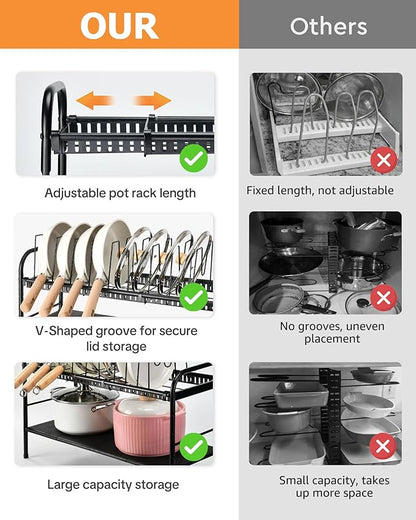 HULISEN Pots and Pans Organizer Under Cabinet, Expandable 2-Tier Pots and Pans Lid Storage Rack Holder with 10 Dividers, Adjustable Height Under Sink Organizer, Maximize Kitchen Storage Space