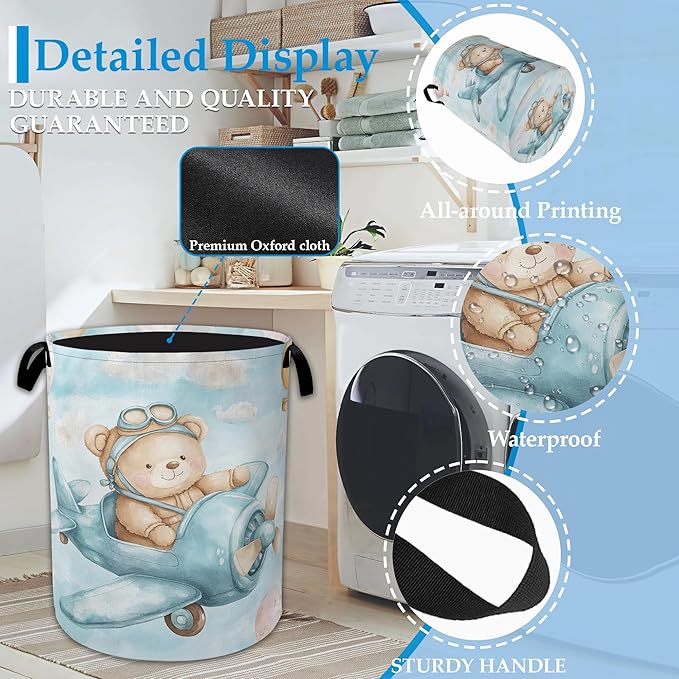 Blue Bear Pilot Laundry Hamper Balloon Collapsible Laundry Basket Portable Clothes Toy Storage Bin for Bathroom Bedroom Room 