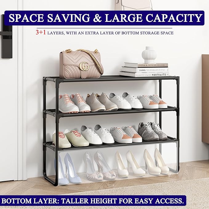 Long Shoe Rack, 3-Tier Stackable Shoe Organizer for Closet, Entryway, Hallway, Extra Bottom Layer, Holds 16-20 Pairs, Sturdy 