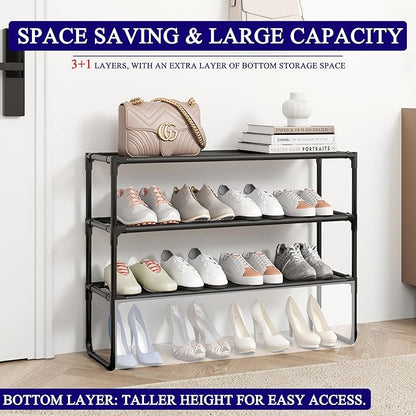 Long Shoe Rack, 3-Tier Stackable Shoe Organizer for Closet, Entryway, Hallway, Extra Bottom Layer, Holds 16-20 Pairs, Sturdy 