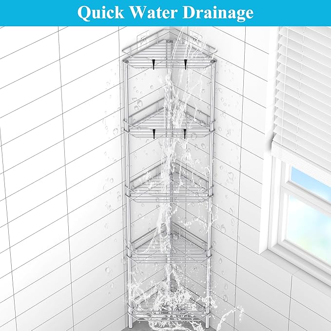 HuggieGems 5 Tier Floor Standing Corner Shower Caddy Organizer Shelf with Hooks, Bathroom Shelves Stand Rack, Silver