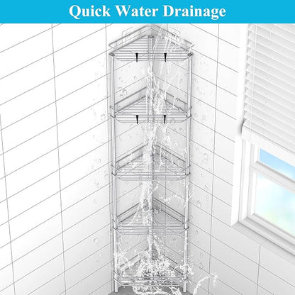 HuggieGems 5 Tier Floor Standing Corner Shower Caddy Organizer Shelf with Hooks, Bathroom Shelves Stand Rack, Silver