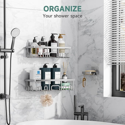 Veken Shower Caddy 3-Pack, Advanced Rustproof Design, No Drilling Adhesive Shelves, Rack with Soap Holder, Large Capacity Bat
