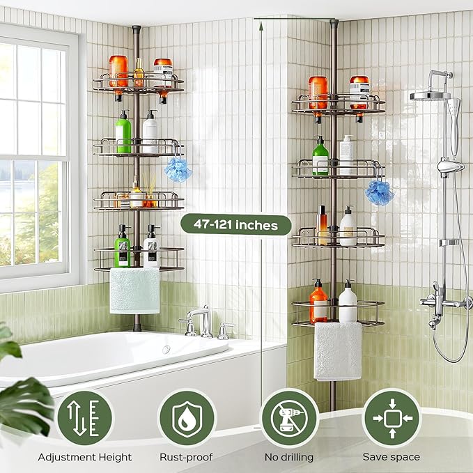 HAMITOR Corner Shower Caddy Tension Pole: 4-Tier Rust-Resistant Adjustable Bathroom Organizer Shelves - 47-121 Inch No-Drill 