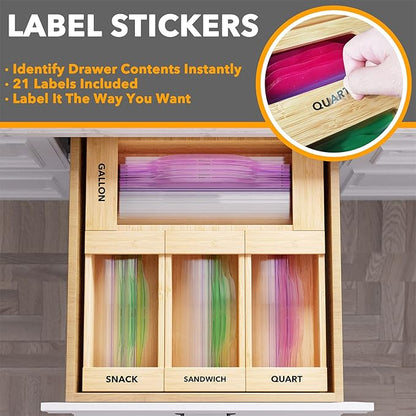 SpaceAid Bamboo Drawer Dividers with Inserts and Labels, 4 Dividers with 9 Inserts (17-22 in), Bag Storage Organizer (4 Pack)