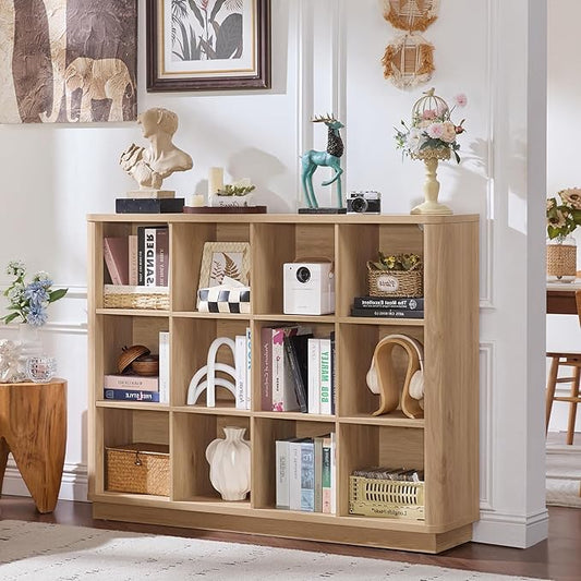 Joaxswe 12 Cube Storage Organizer, 41" Large Bookshelf with Curved Edge, Wood Floor Standing 3-Tier Cubby Bookcase with Base,