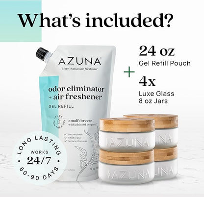 Azuna Air Freshener & Odor Eliminator Gel 4 Room Kit, Includes (4) 8 oz. Empty Luxe Glass Jars & 24 oz. Refill with Tea Tree 