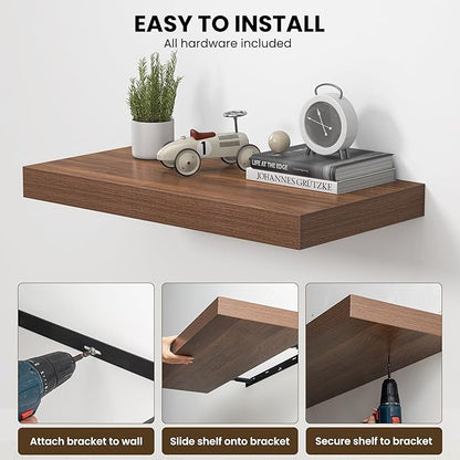 Dreamland 32" Floating Shelves for Wall, 12" Deep Thicker Walnut Floating Shelves, Wall-Mounted Shelves for Bedroom, Living R