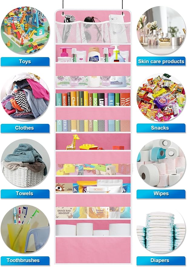 Over the Door Organizers Storage - 5 Shelf Hanging Storage shelves Door Organizer with Pockets, Anti Tilt 44 lb Load Behind D