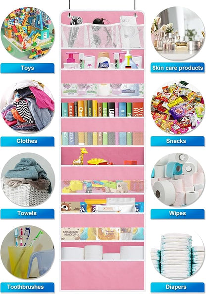Over the Door Organizers Storage - 5 Shelf Hanging Storage shelves Door Organizer with Pockets, Anti Tilt 44 lb Load Behind D
