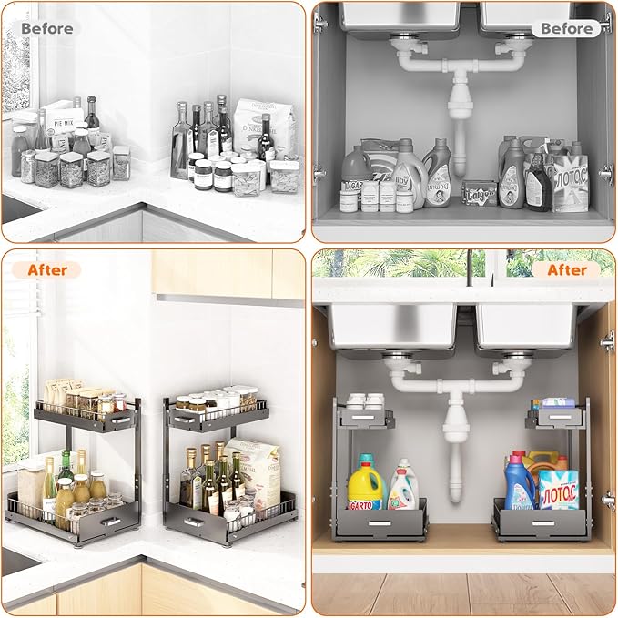 Under Sink Organizer,2 Tier Slide Out Kitchen Cabinet Organizers with Pulley,Under Bathroom Sink Pull Out Organizer with Mult