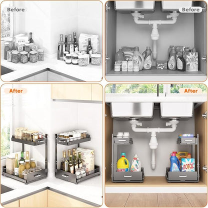 Under Sink Organizer,2 Tier Slide Out Kitchen Cabinet Organizers with Pulley,Under Bathroom Sink Pull Out Organizer with Mult