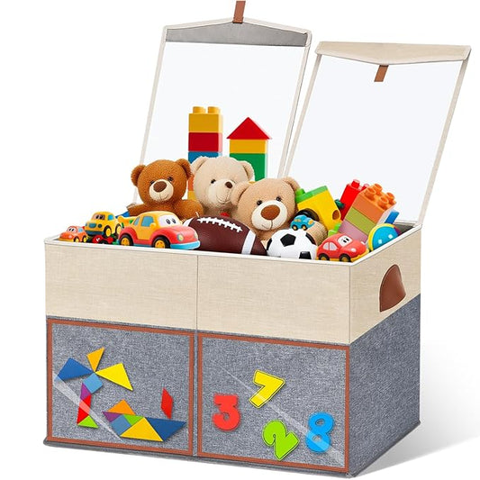 1 Pack Large Toy Storage Box with Clear Lids Collapsible Toy Organizer Chest with Adjustable Dividers Kids Storage Bin Basket