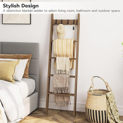 HOOBRO Blanket Ladder for Living Room and Bedroom, 5-Tier Wall Leaning Towel Rack for Bathroom, Decorative Ladder Shelf with 