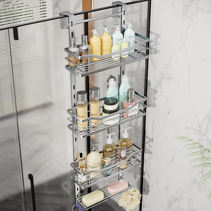 SWTYMIKI Over the Door Shower Caddy - 4 Tier Adjustable Shower Organizer Hanging with Soap Holder, No Drilling Stainless Stee