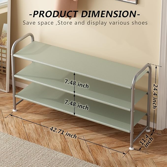 INGIORDAR Shoe Rack 3 Tier Long Storage Organizer Wide Metal Shoe Shelf for Closet Entryway Grey
