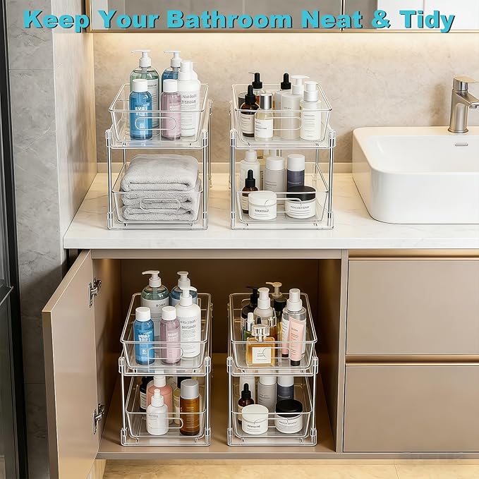 2 Tier Under Sink Organizer Bathroom Organizers and Storage, Clear Stackable Bathroom Cabinet Organizer, Multipurpose Pull-Ou