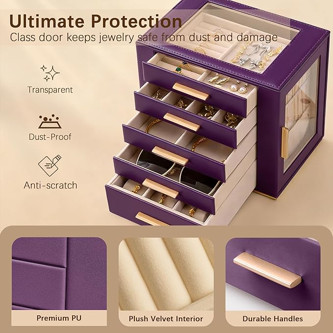 Homeanda Jewelry Box for Women with Glass Lid, 5 Drawers Jewelry Organizer and Storage for Necklaces, Rings, Earrings, Bracel