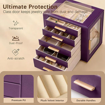 Homeanda Jewelry Box for Women with Glass Lid, 5 Drawers Jewelry Organizer and Storage for Necklaces, Rings, Earrings, Bracel