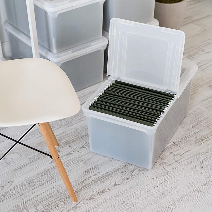 IRIS USA File Box, File Organizer w/Hinged Split Lid for Letter File, Important Document Box, Plastic Storage Filing Bin for 