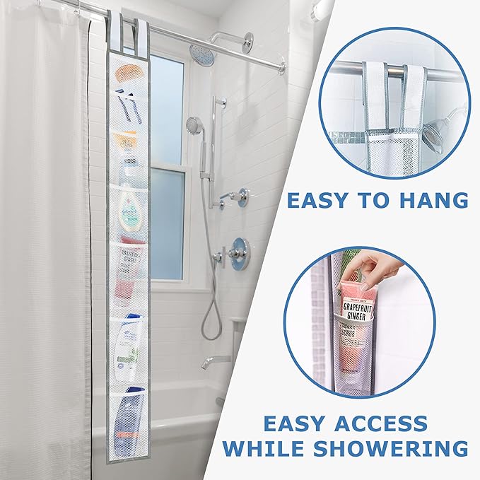 Skywin 7 Pockets Hanging Shower Curtain Liner Caddy 60 x 6 Inches (2 Pack) - 100% Polyester Mesh Shower Caddy Hanging - Showe